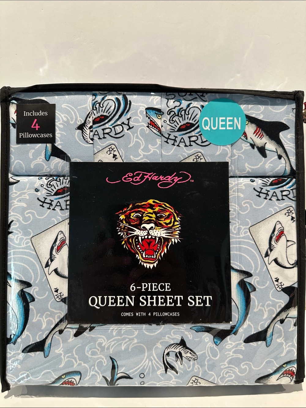 NWT Ed Hardy Shark’s Collection 6 Piece Queen Sheet Set with 4 Pillowcases.